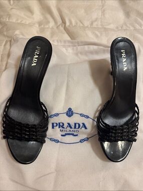 Prada Black Woven Leather Slide Mules